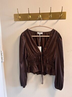Wayf Chocolate Brown Peplum V-Neck Blouse